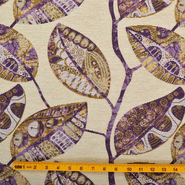 Purple Beige Coloured Floral Inspired Leaf Design Soft Chenille Upholstery Fabric JO-217