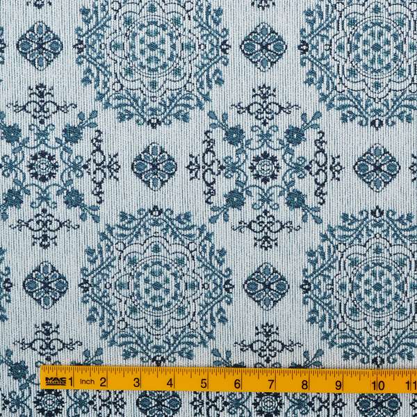 White Blue Medallion Design Soft Chenille Upholstery Fabric JO-224 - Made To Measure Curtains