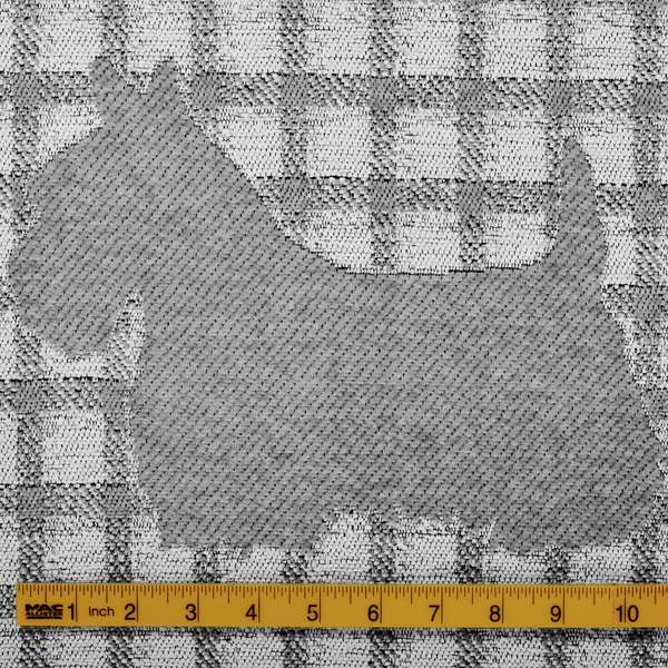 Highland Collection Luxury Soft Like Cotton Scottish Terrier Scottie Dog Animal Design On Checked Grey White Background Chenille Upholstery Fabric JO-233