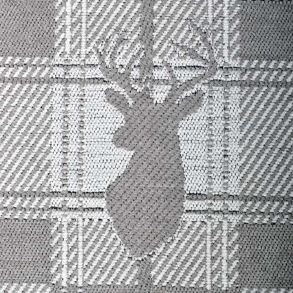 Highland Collection Luxury Soft Like Cotton Feel Stag Deer Head Animal Design On Checked Grey White Background Chenille Upholstery Fabric JO-234