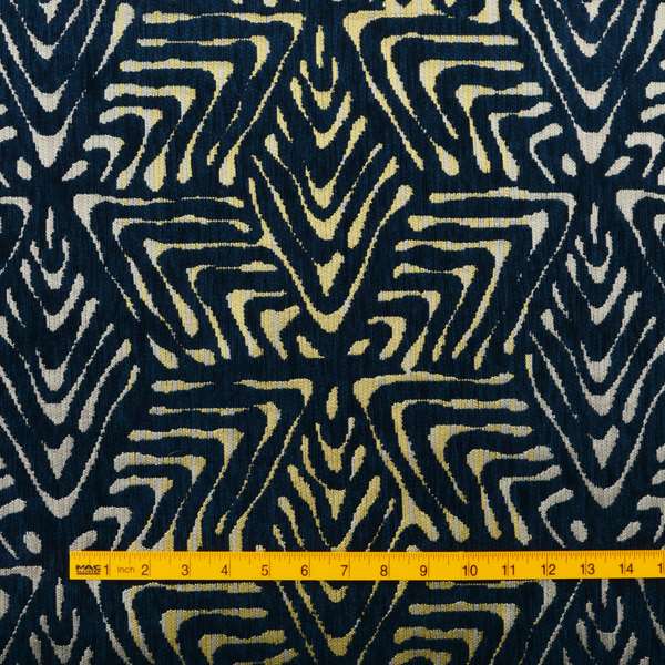 Hollywood Navy Blue Gold Shiny Geometric 3D Chequer Cube Design Soft Chenille Upholstery Fabric JO-248
