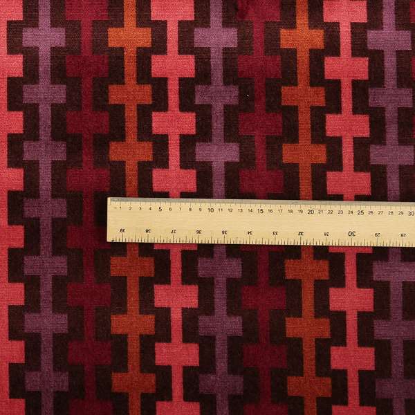 Ziani Geometric Arcade Pattern In Vibrant Pink Mulberry Orange Purple Colour Velvet Upholstery Fabric JO-37A