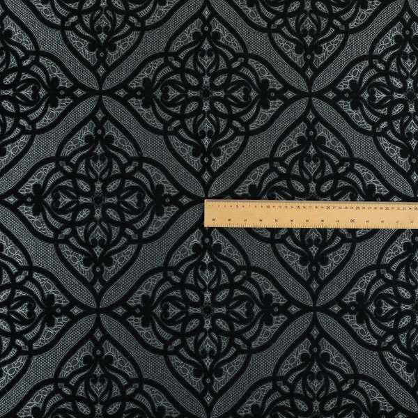 Vegas Black Silver Shine Effect Geometric Large Pattern Medallion Soft Chenille Upholstery Fabric JO-475