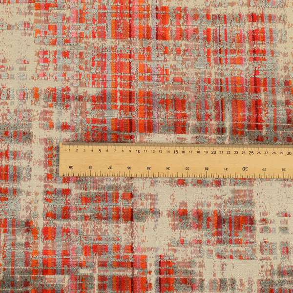 Abstract Pattern In Red Orange Grey Colour Velvet Upholstery Fabric JO-718