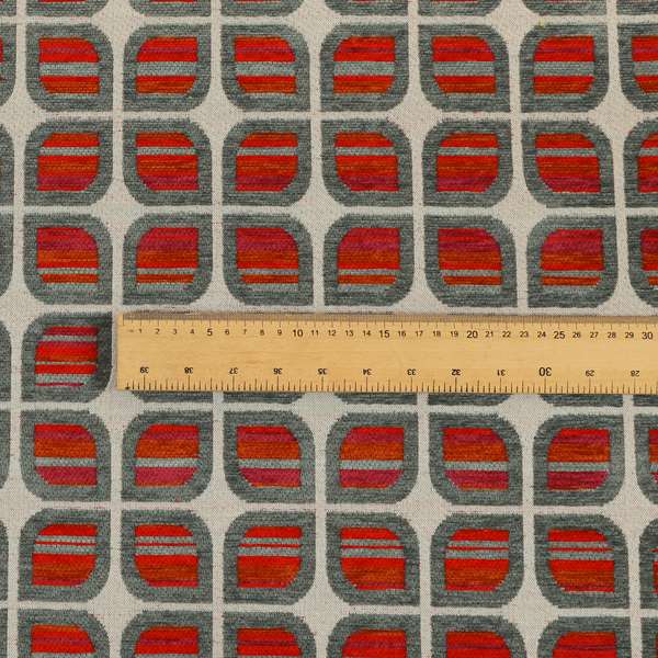 Modern Geometric Pattern In Red Grey Colour Chenille Upholstery Fabric JO-719 - Made To Measure Curtains
