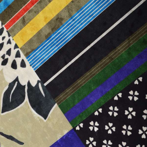 British Designed Printed Multi Coloured Alice Wonder Patchwork Printed On Luxury Crushed Velvet
