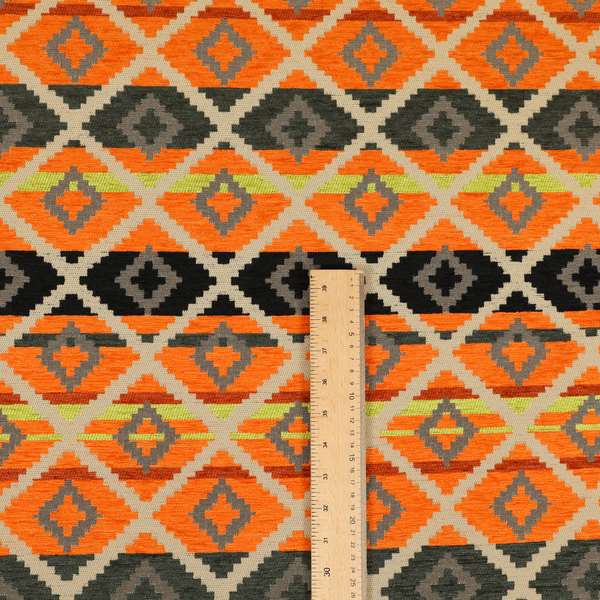 Tutti Frutti Aztec Pattern Chenille Upholstery Fabric In Orange Black Colour MSS-30