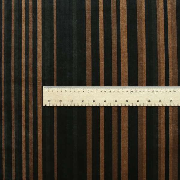 Pandora Vertical Stripes Pattern Soft Chenille Like Velvet Fabric Brown Honey Gold Shade Colour
