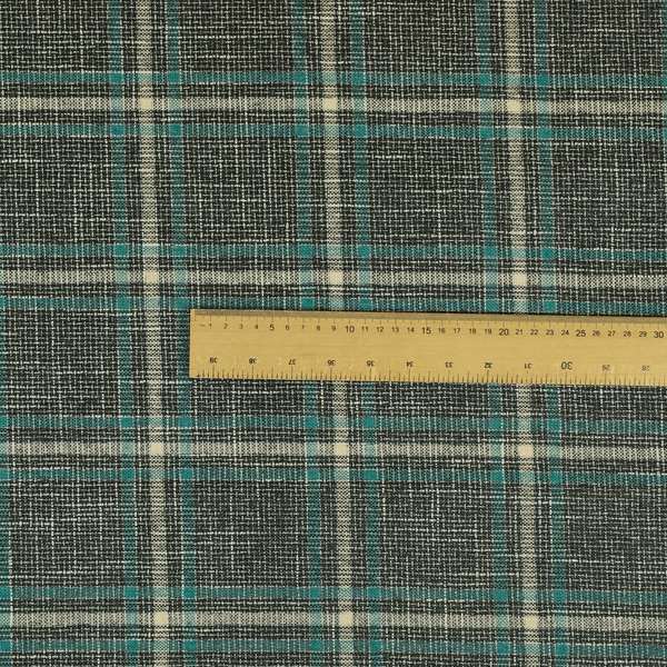 Shaldon Woven Tartan Pattern Upholstery Fabric In Grey Background With Blue