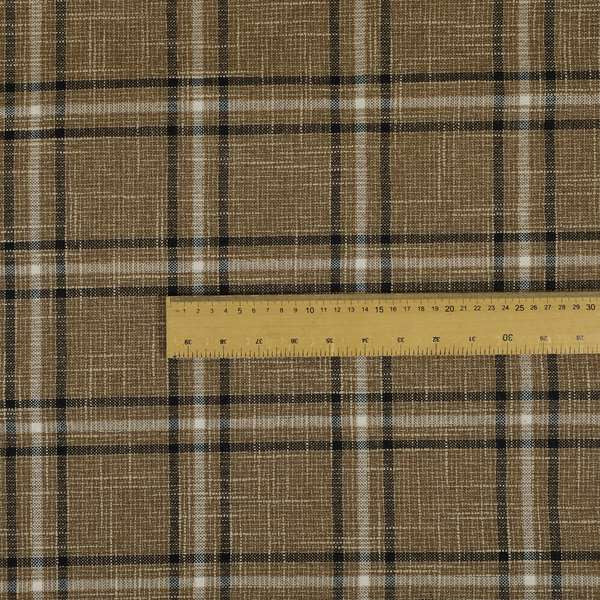 Shaldon Woven Tartan Pattern Upholstery Fabric In Golden Brown Background With Black - Roman Blinds