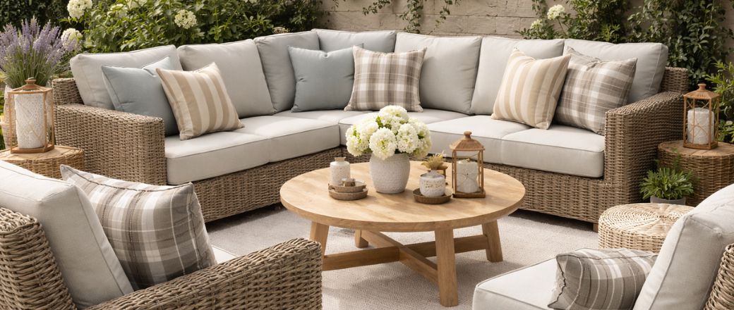 An image of a garden seating area that features Yorkshire Fabric Shops outdoor fabrics.