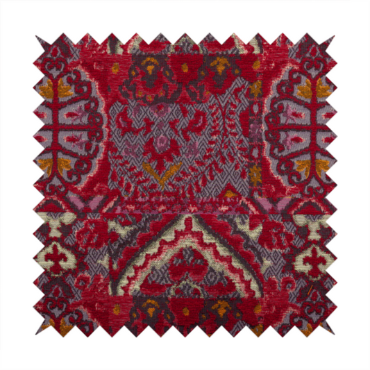 Red Purple Colour Medallion Patchwork Style Pattern Soft Chenille Upholstery Fabric 220323-49