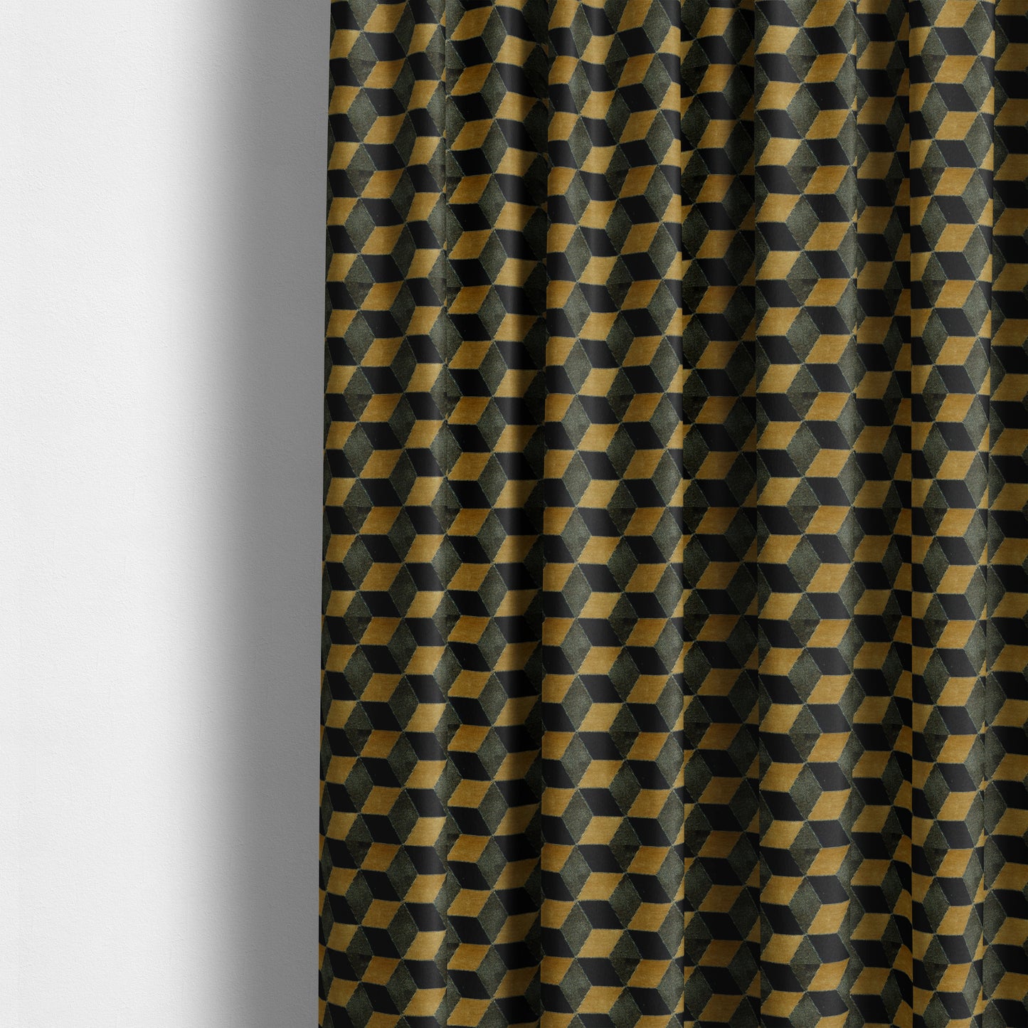 Akita Geometric 3D Pattern Velvet Fabric In Golden Yellow Blue Colour - Made To Measure Curtains