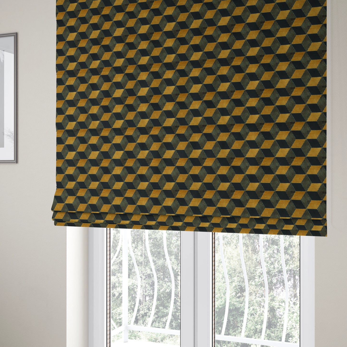 Akita Geometric 3D Pattern Velvet Fabric In Golden Yellow Blue Colour - Roman Blinds