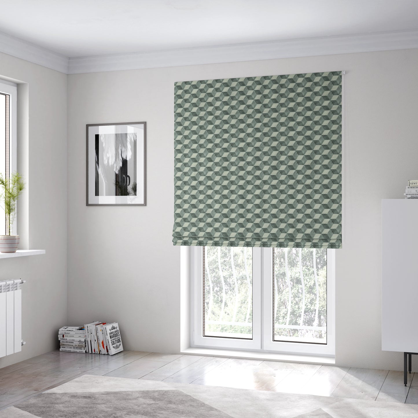 Akita Geometric 3D Pattern Velvet Fabric In Grey White Colour - Roman Blinds