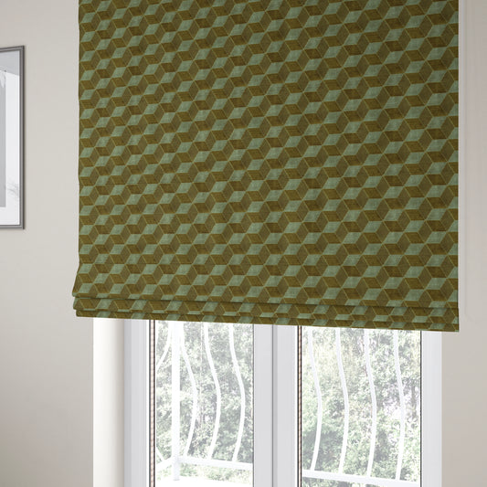 Akita Geometric 3D Pattern Velvet Fabric In Green Silver Grey Colour - Roman Blinds