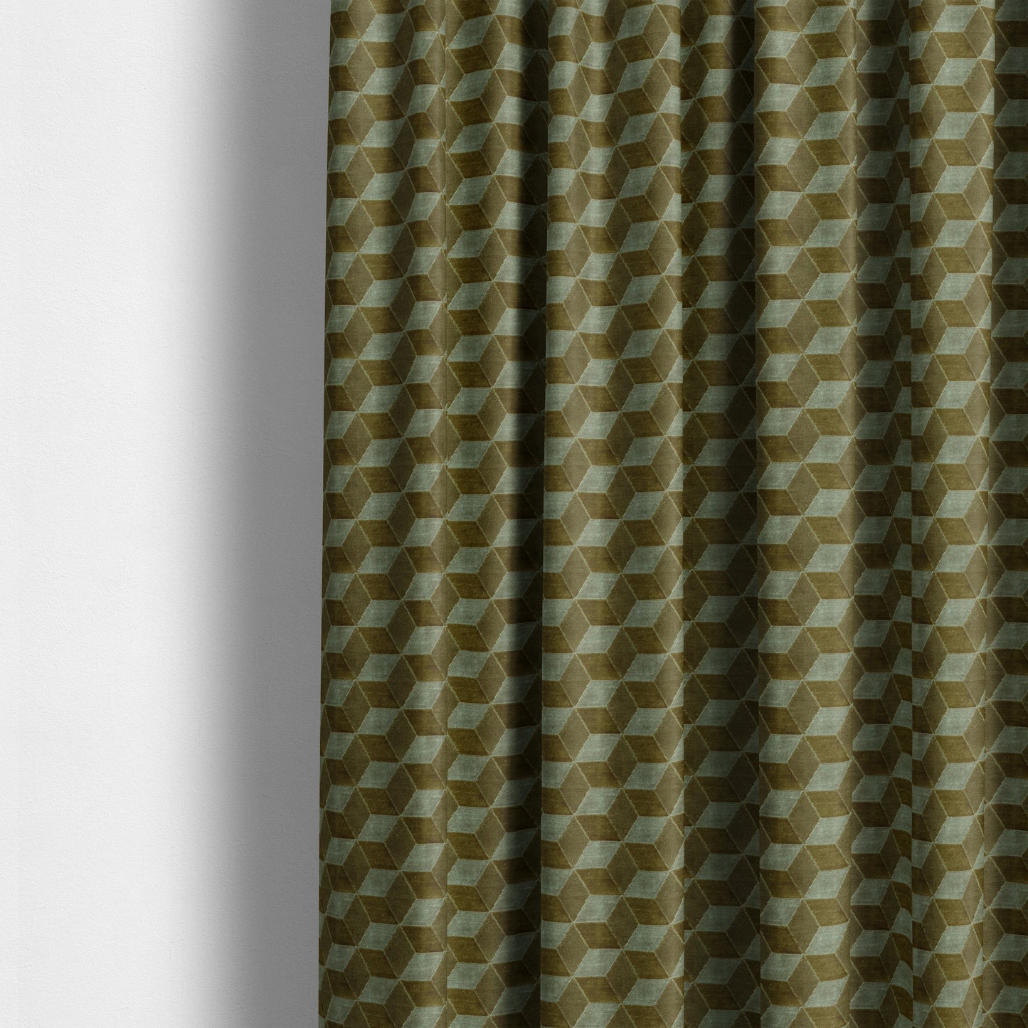 Akita Geometric 3D Pattern Velvet Fabric In Green Silver Grey Colour - Made To Measure Curtains