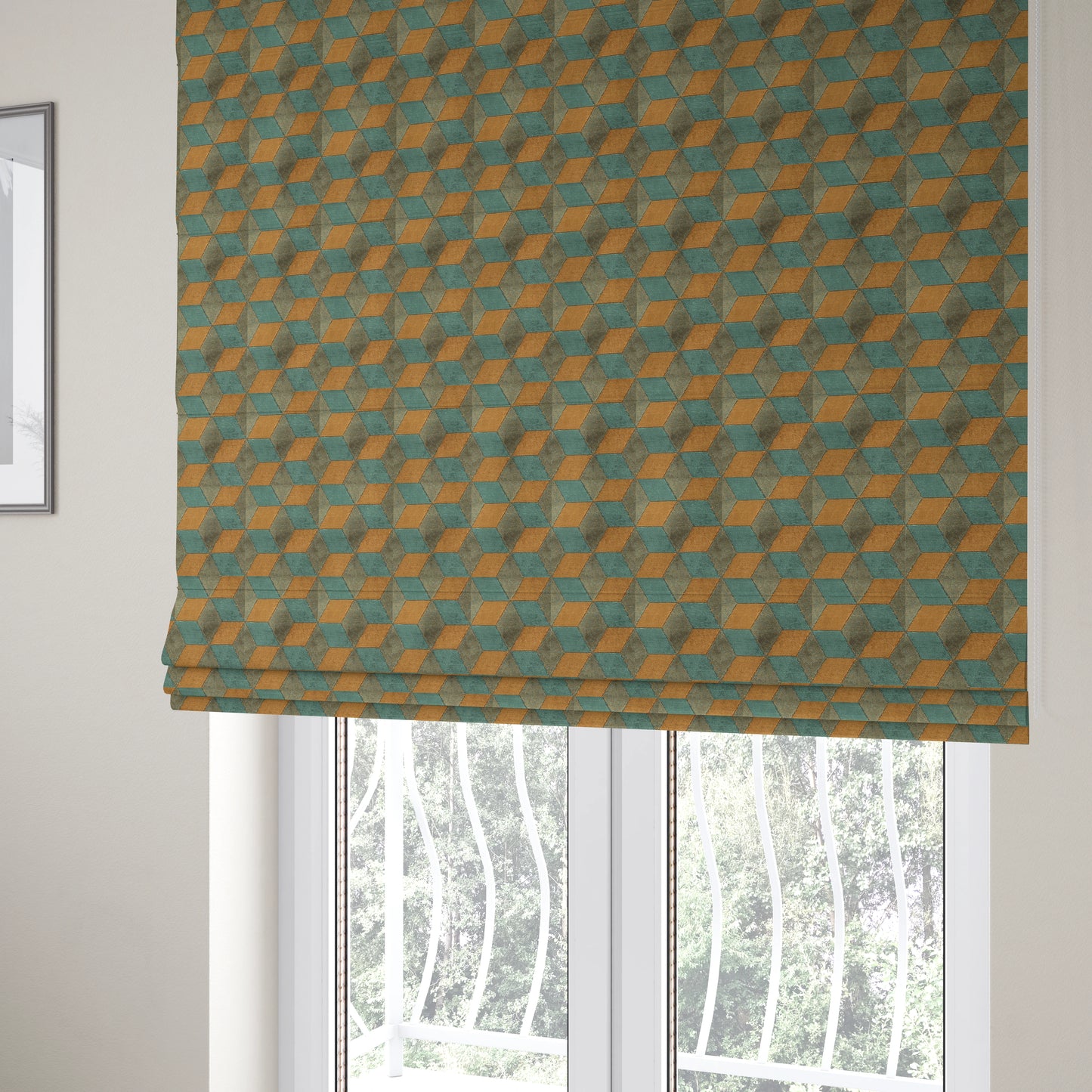 Akita Geometric 3D Pattern Velvet Fabric In Blue Orange Colour - Roman Blinds