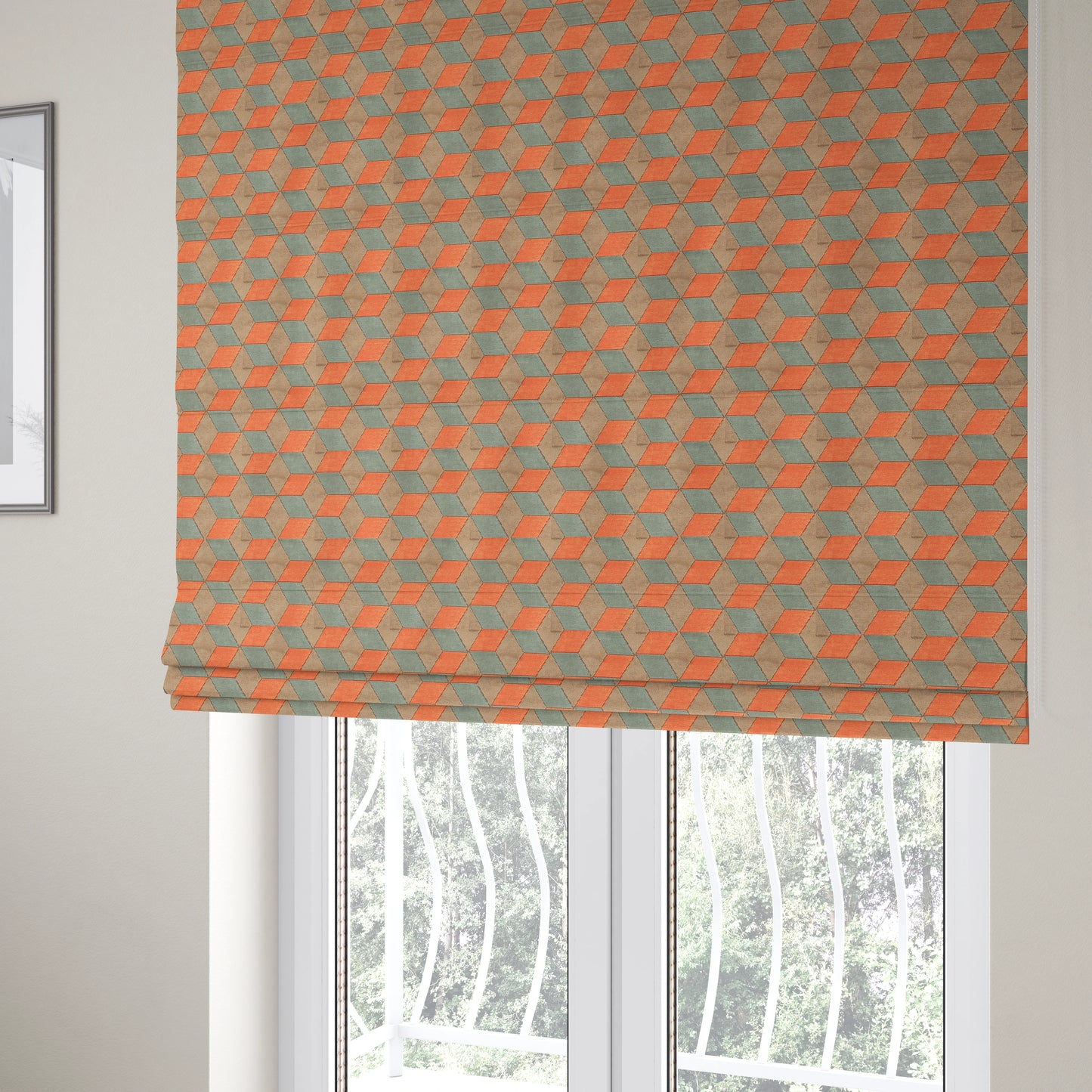 Akita Geometric 3D Pattern Velvet Fabric In Orange Grey Colour - Roman Blinds