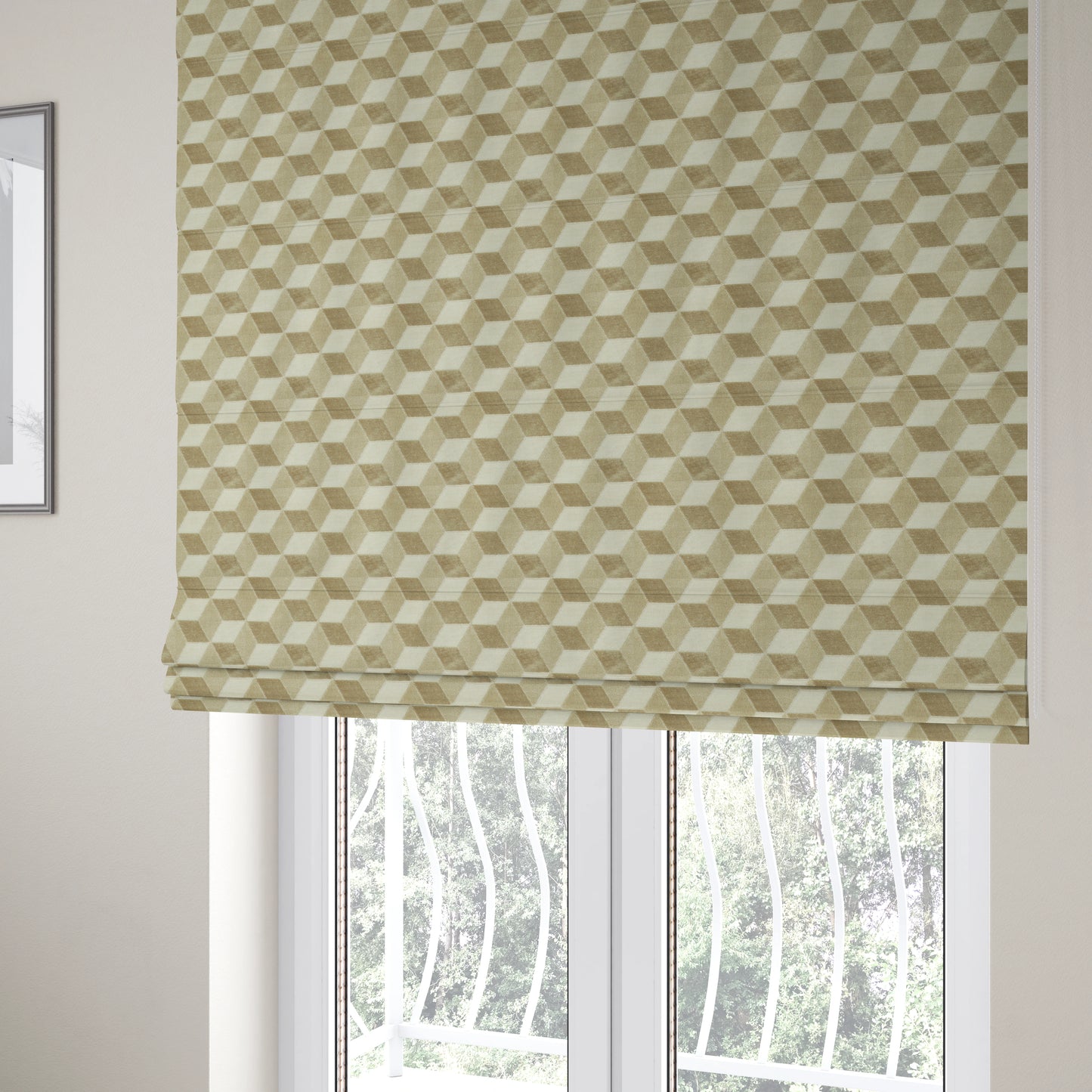 Akita Geometric 3D Pattern Velvet Fabric In White Beige Colour - Roman Blinds