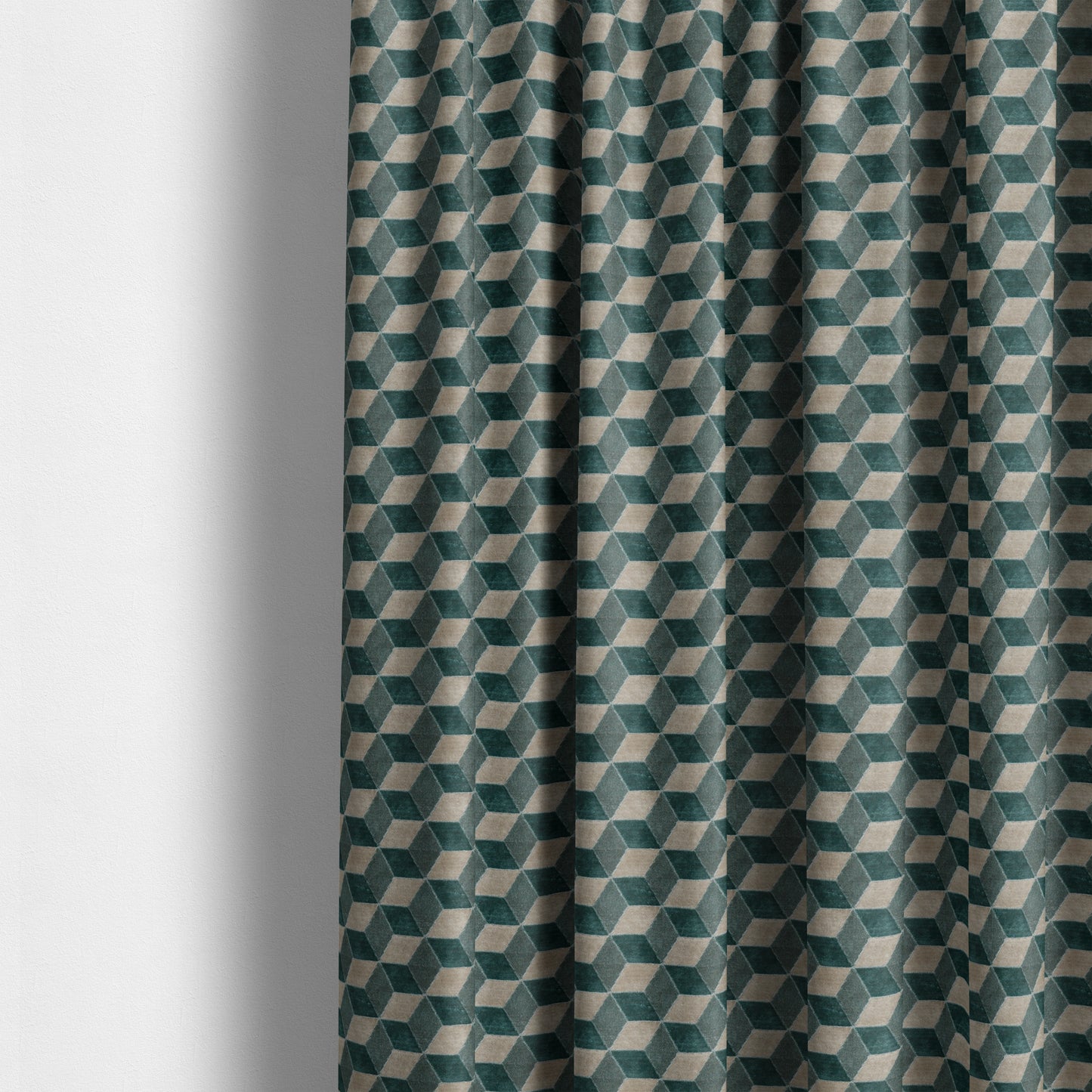 Akita Geometric 3D Pattern Velvet Fabric In Teal Silver Colour - Made To Measure Curtains