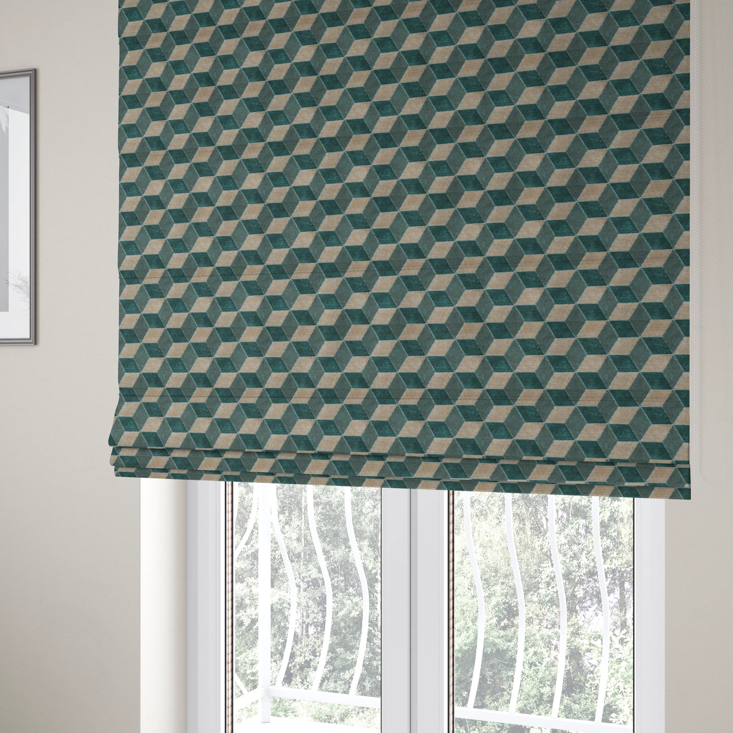 Akita Geometric 3D Pattern Velvet Fabric In Teal Silver Colour - Roman Blinds