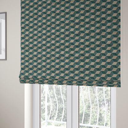 Akita Geometric 3D Pattern Velvet Fabric In Teal Silver Colour - Roman Blinds