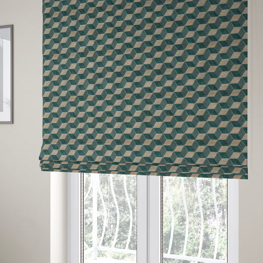 Akita Geometric 3D Pattern Velvet Fabric In Teal Silver Colour - Roman Blinds