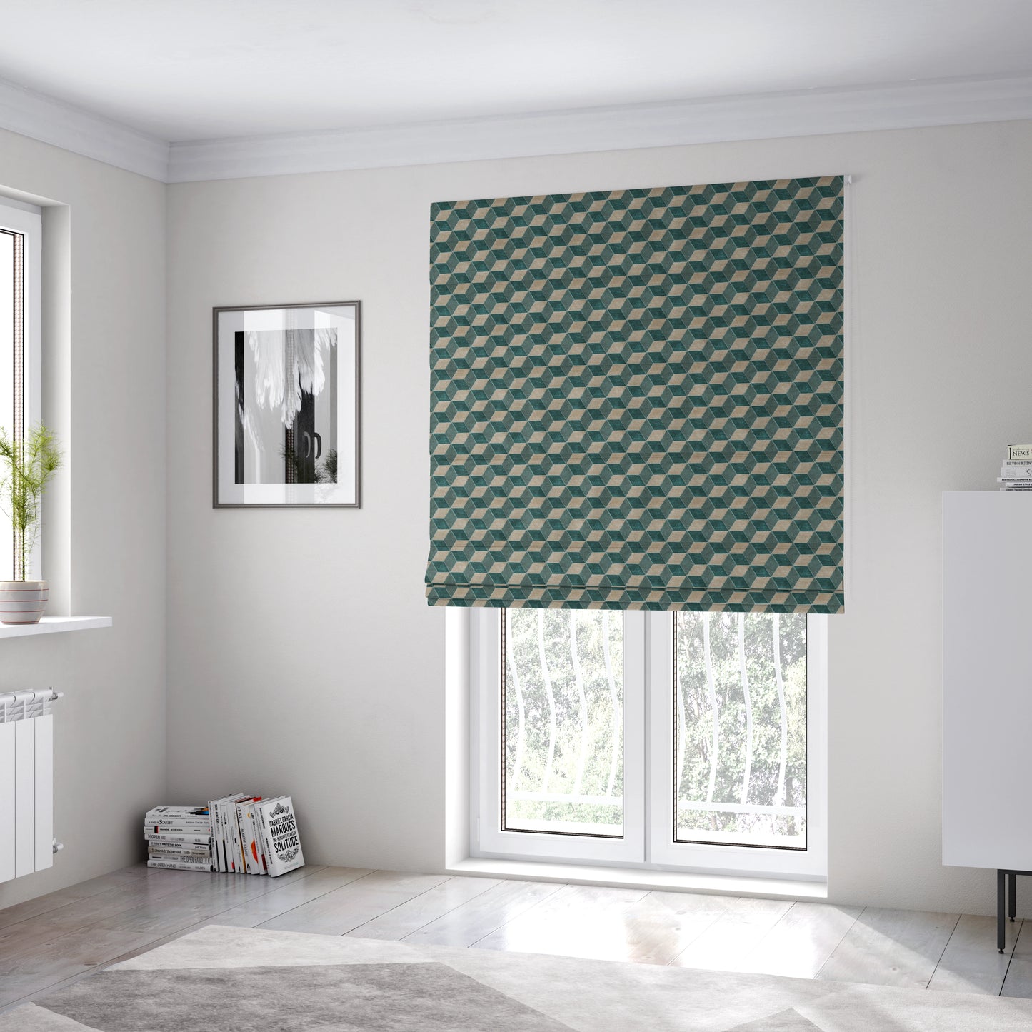 Akita Geometric 3D Pattern Velvet Fabric In Teal Silver Colour - Roman Blinds