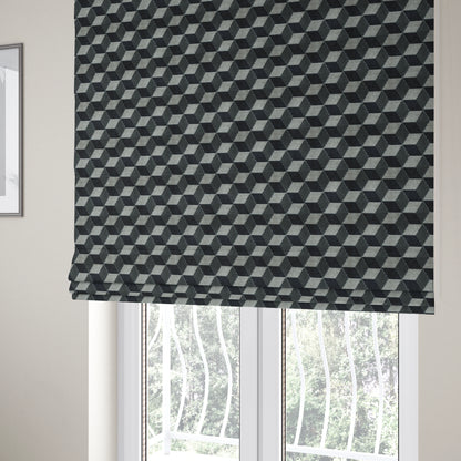 Akita Geometric 3D Pattern Velvet Fabric In Navy Blue Silver Colour - Roman Blinds