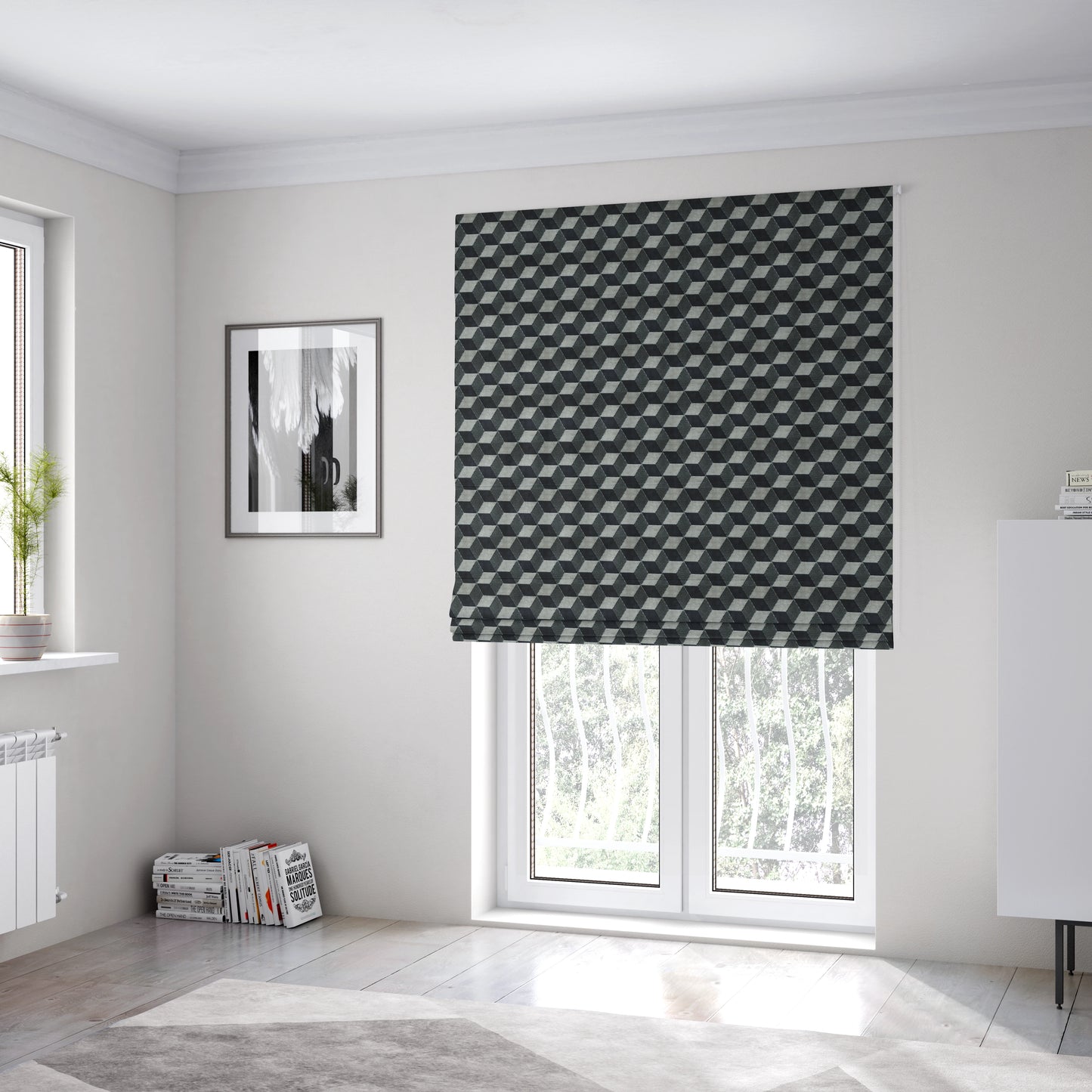 Akita Geometric 3D Pattern Velvet Fabric In Navy Blue Silver Colour - Roman Blinds