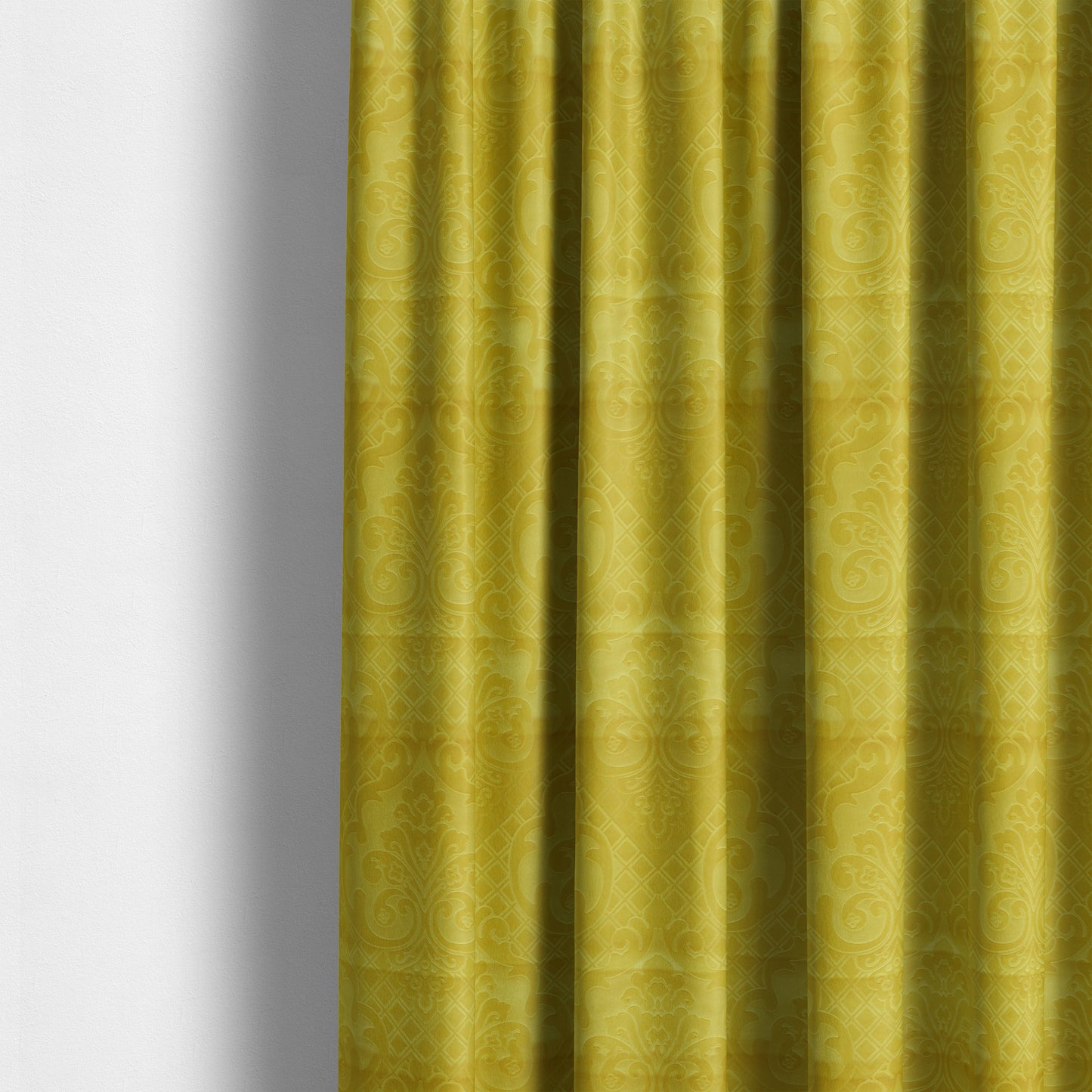 Alvaro Velveteen Embossed Damask Pattern Upholstery Curtains Fabric In Yellow Colour - Made To Measure Curtains