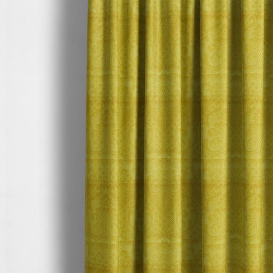 Alvaro Velveteen Embossed Damask Pattern Upholstery Curtains Fabric In Yellow Colour - Made To Measure Curtains