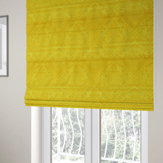 Alvaro Velveteen Embossed Damask Pattern Upholstery Curtains Fabric In Yellow Colour - Roman Blinds