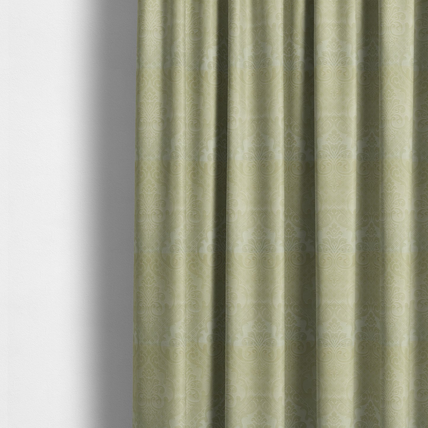 Alvaro Velveteen Embossed Damask Pattern Upholstery Curtains Fabric In Light Green Colour - Made To Measure Curtains