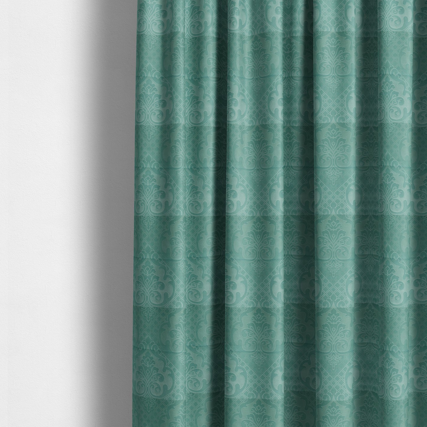 Alvaro Velveteen Embossed Damask Pattern Upholstery Curtains Fabric In Aqua Blue Colour - Made To Measure Curtains