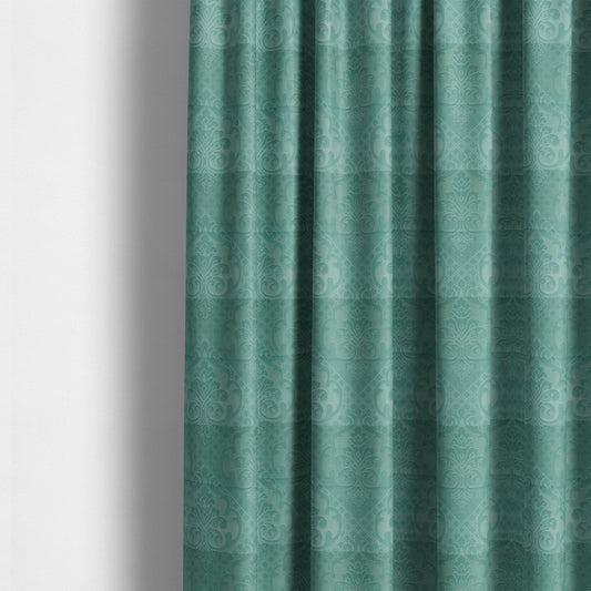 Alvaro Velveteen Embossed Damask Pattern Upholstery Curtains Fabric In Aqua Blue Colour - Made To Measure Curtains