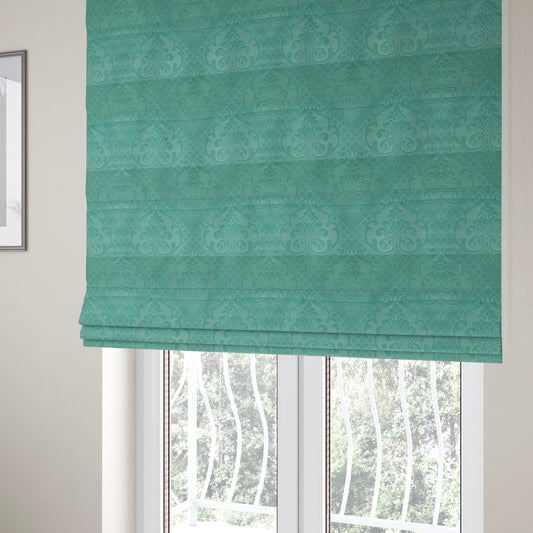 Alvaro Velveteen Embossed Damask Pattern Upholstery Curtains Fabric In Aqua Blue Colour - Roman Blinds