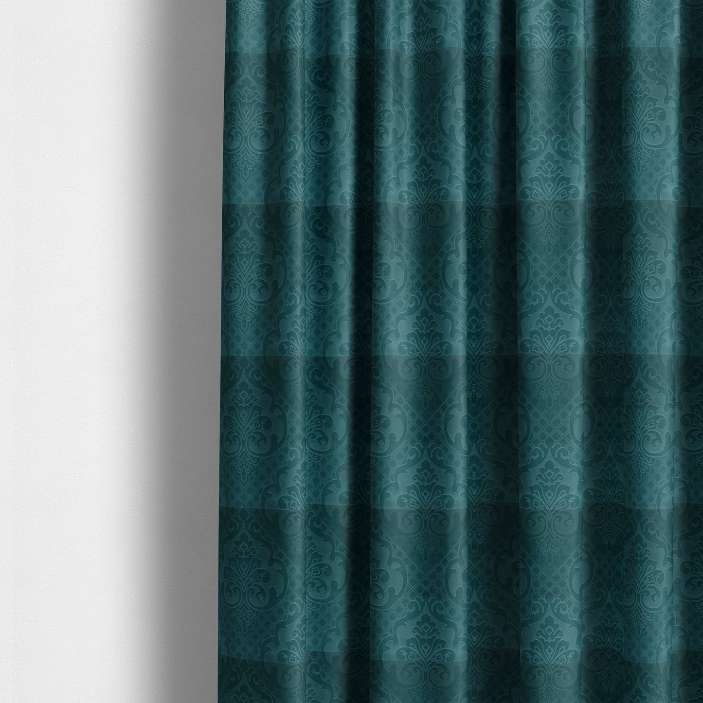 Alvaro Velveteen Embossed Damask Pattern Upholstery Curtains Fabric In Teal Blue Colour - Made To Measure Curtains