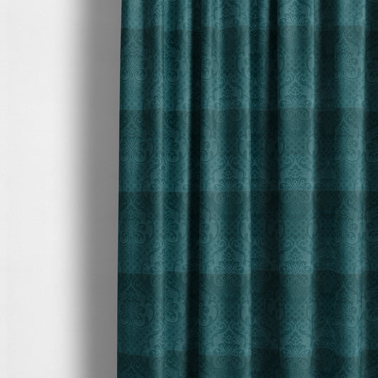 Alvaro Velveteen Embossed Damask Pattern Upholstery Curtains Fabric In Teal Blue Colour - Made To Measure Curtains