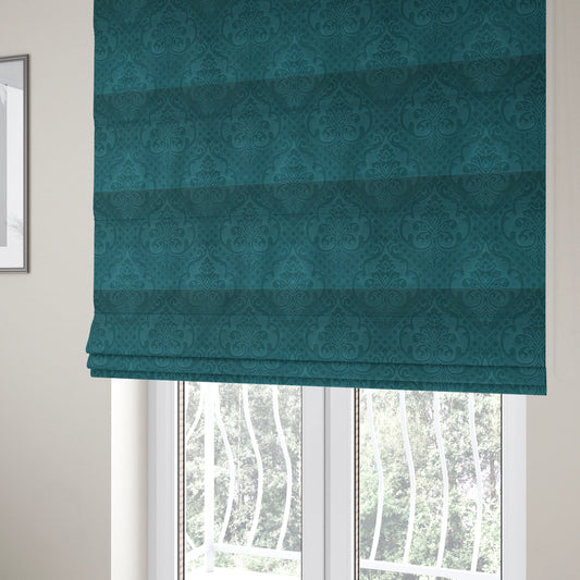 Alvaro Velveteen Embossed Damask Pattern Upholstery Curtains Fabric In Teal Blue Colour - Roman Blinds