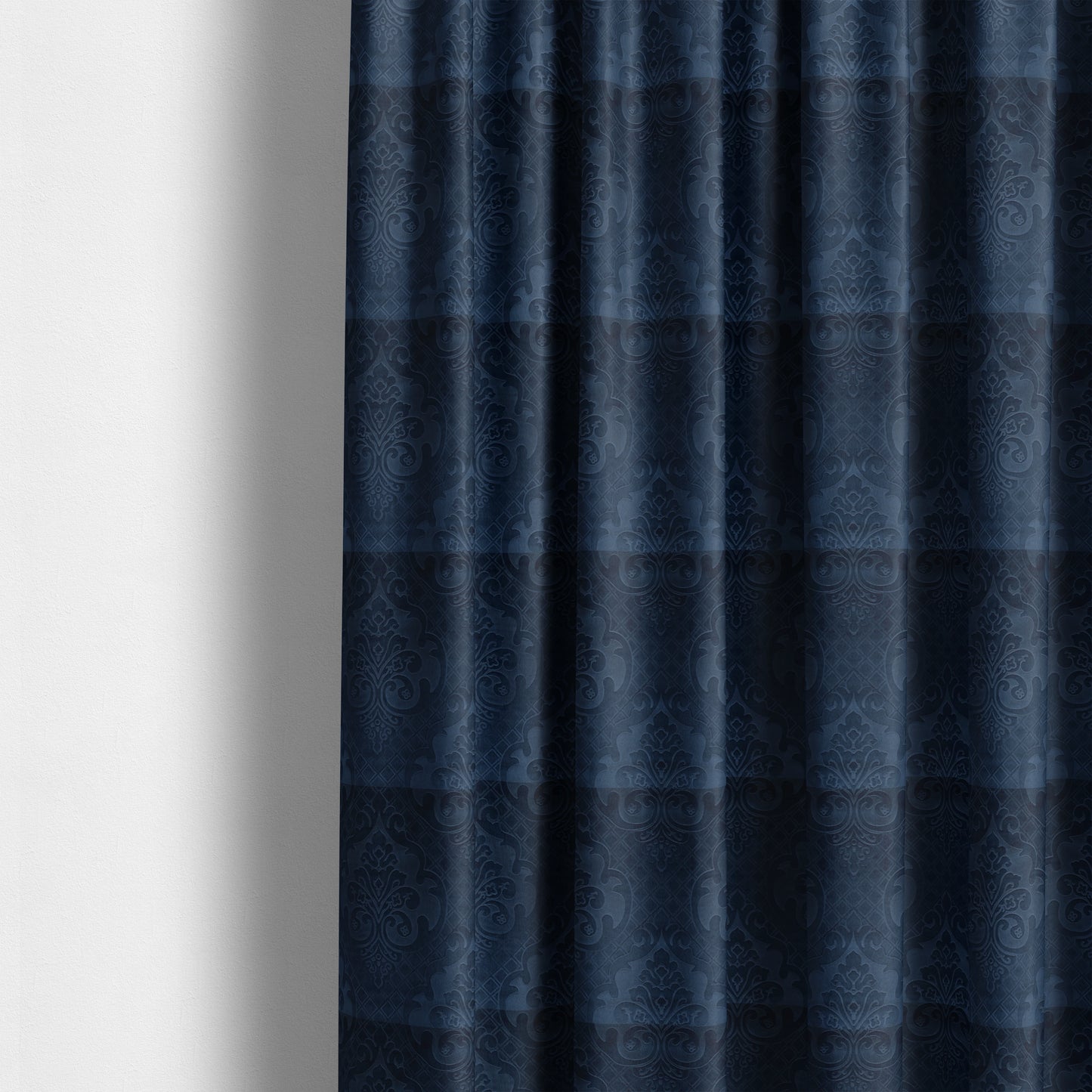 Alvaro Velveteen Embossed Damask Pattern Upholstery Curtains Fabric In Navy Blue Colour - Made To Measure Curtains