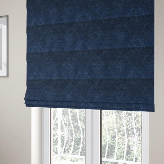 Alvaro Velveteen Embossed Damask Pattern Upholstery Curtains Fabric In Navy Blue Colour - Roman Blinds