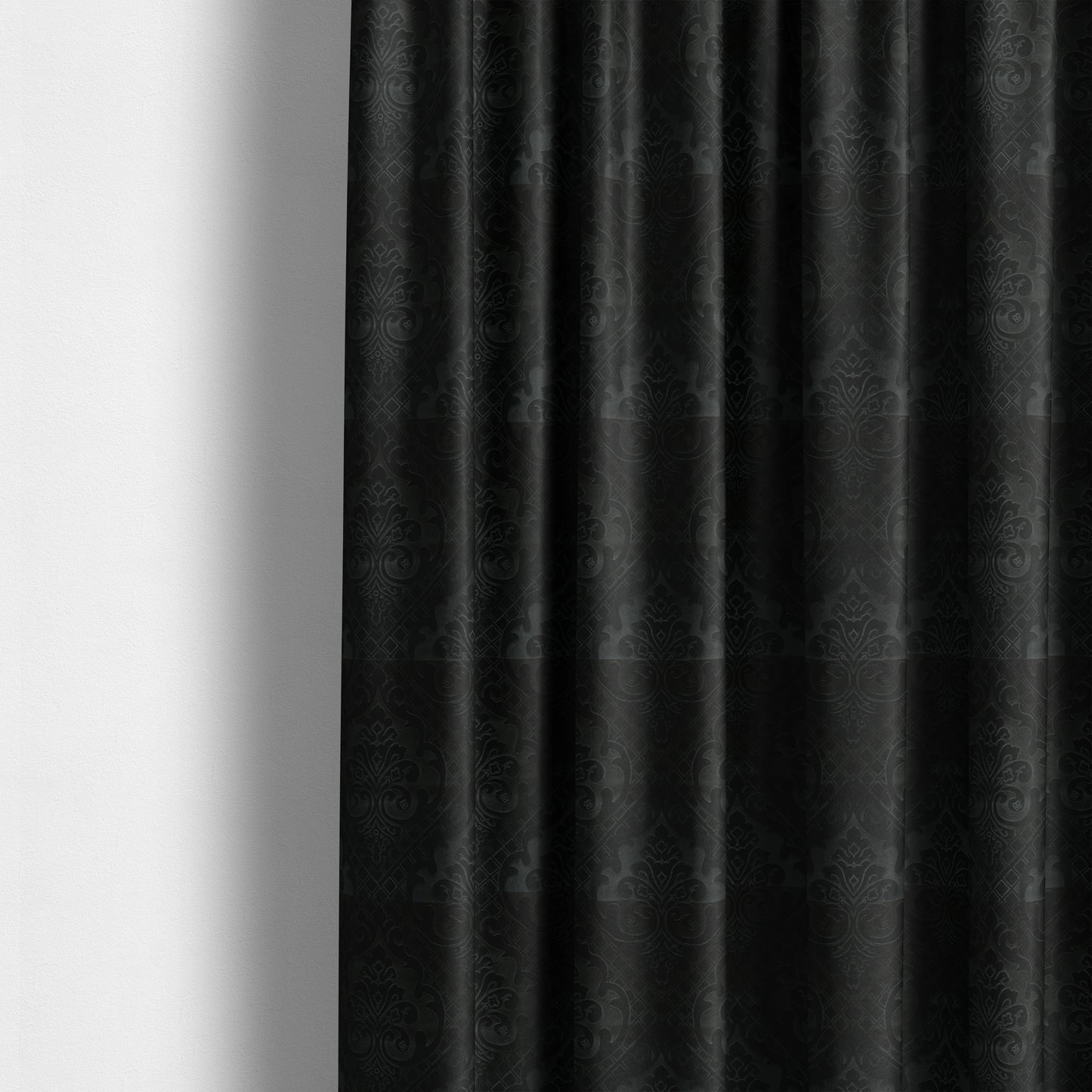 Alvaro Velveteen Embossed Damask Pattern Upholstery Curtains Fabric In Black Colour - Made To Measure Curtains