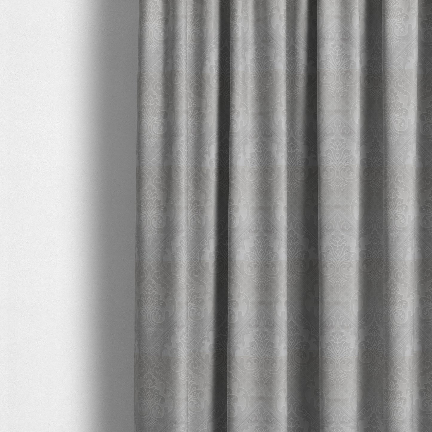 Alvaro Velveteen Embossed Damask Pattern Upholstery Curtains Fabric In Silver Velvet Colour - Made To Measure Curtains