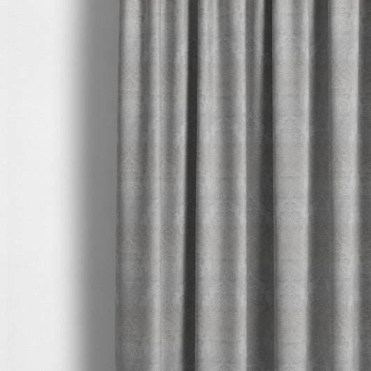 Alvaro Velveteen Embossed Damask Pattern Upholstery Curtains Fabric In Silver Velvet Colour - Made To Measure Curtains