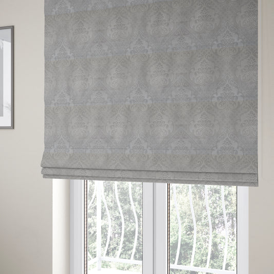 Alvaro Velveteen Embossed Damask Pattern Upholstery Curtains Fabric In Silver Velvet Colour - Roman Blinds