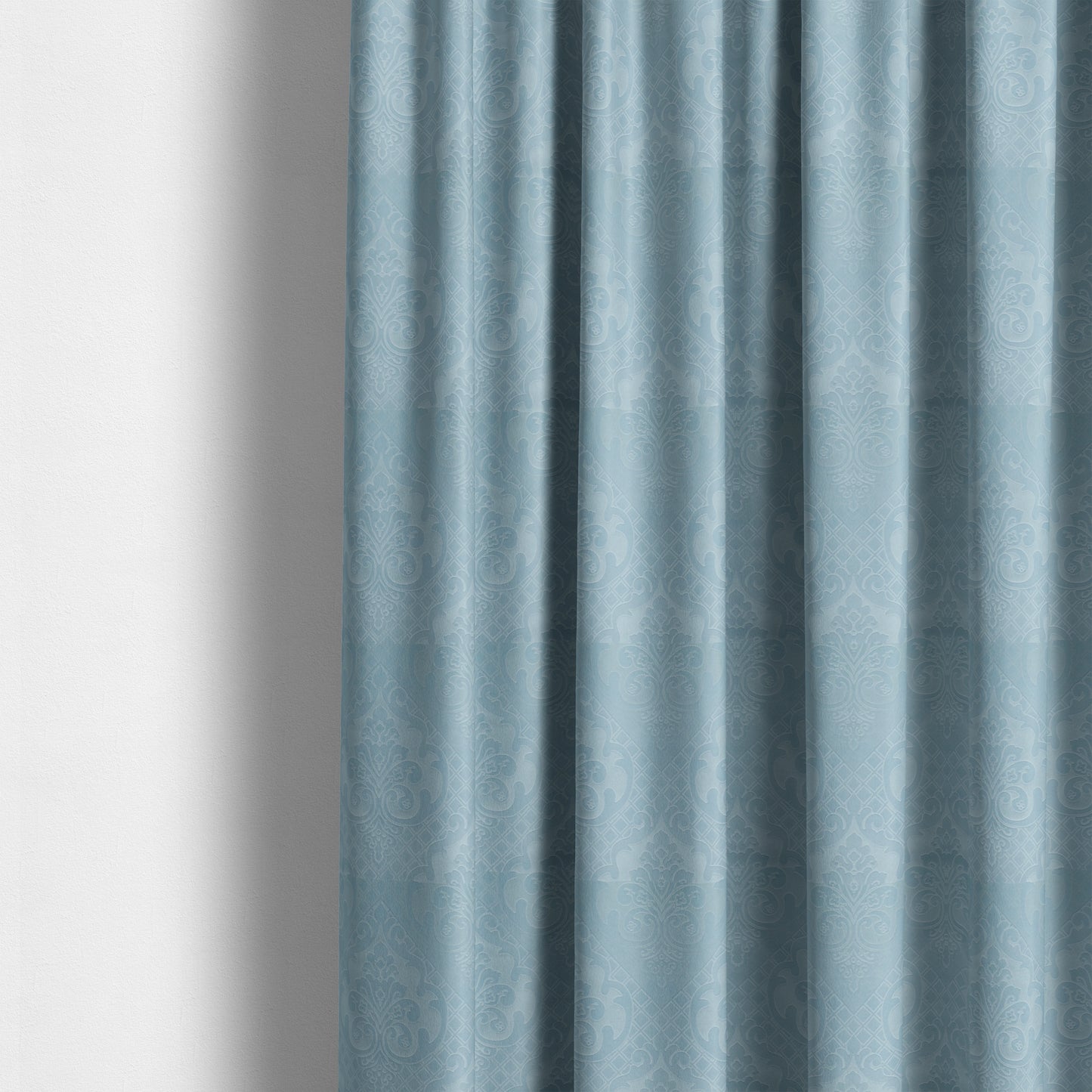 Alvaro Velveteen Embossed Damask Pattern Upholstery Curtains Fabric In Sky Blue Velvet Colour - Made To Measure Curtains