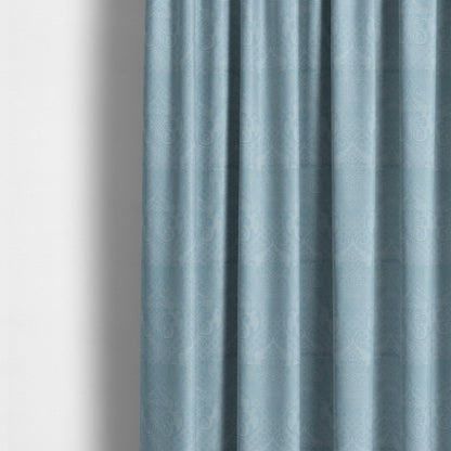 Alvaro Velveteen Embossed Damask Pattern Upholstery Curtains Fabric In Sky Blue Velvet Colour - Made To Measure Curtains