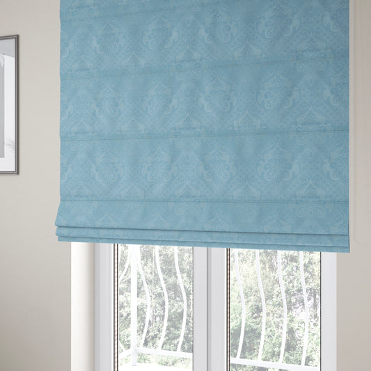 Alvaro Velveteen Embossed Damask Pattern Upholstery Curtains Fabric In Sky Blue Velvet Colour - Roman Blinds